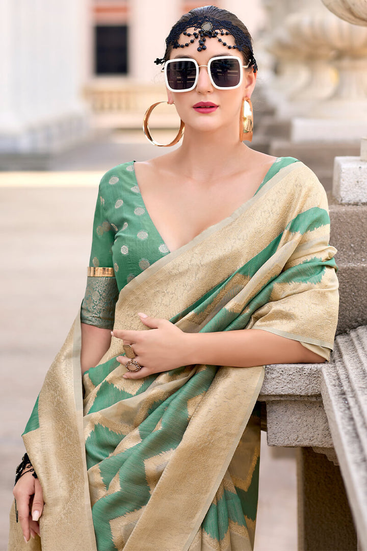 Beige and Green Linen Cotton silk Saree