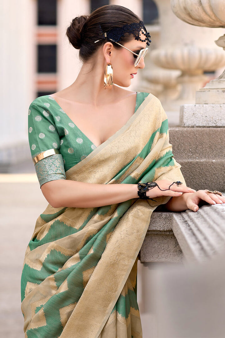 Beige and Green Linen Cotton silk Saree