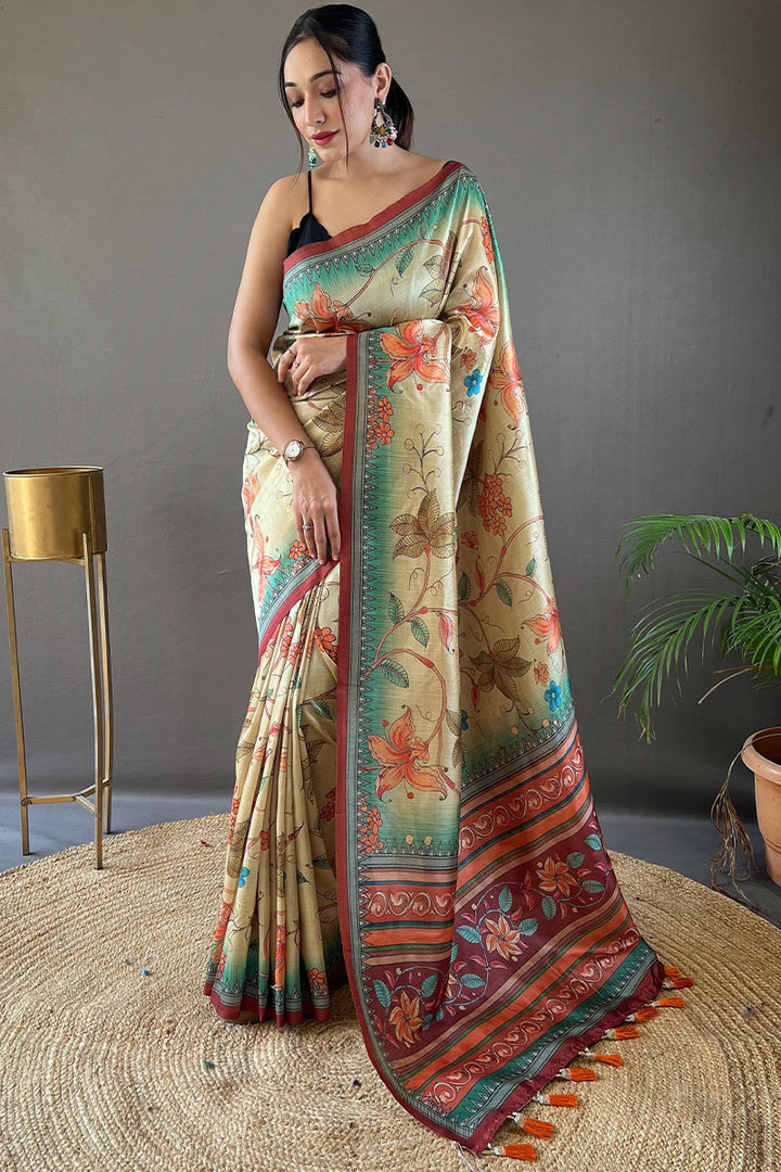 Beige and Green Printed Soft Silk Saree