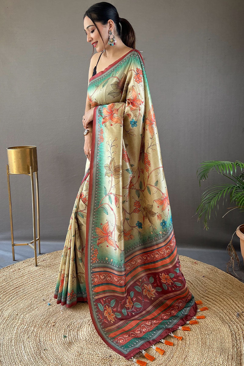 Beige and Green Printed Soft Silk Saree