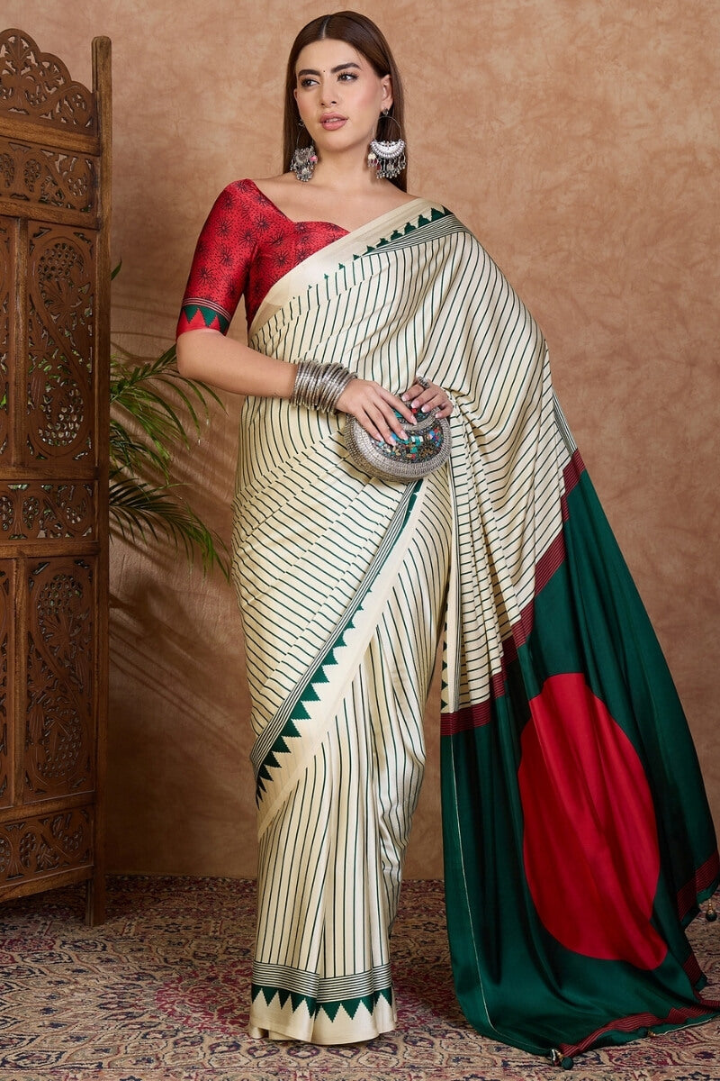 Beige and Green Stripe Ajrakh Printed Satin Silk Saree