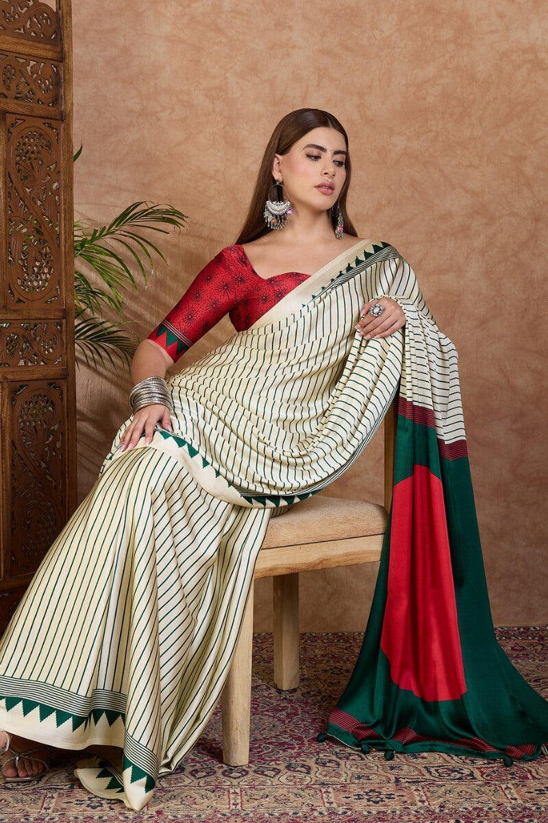 Beige and Green Stripe Ajrakh Printed Satin Silk Saree