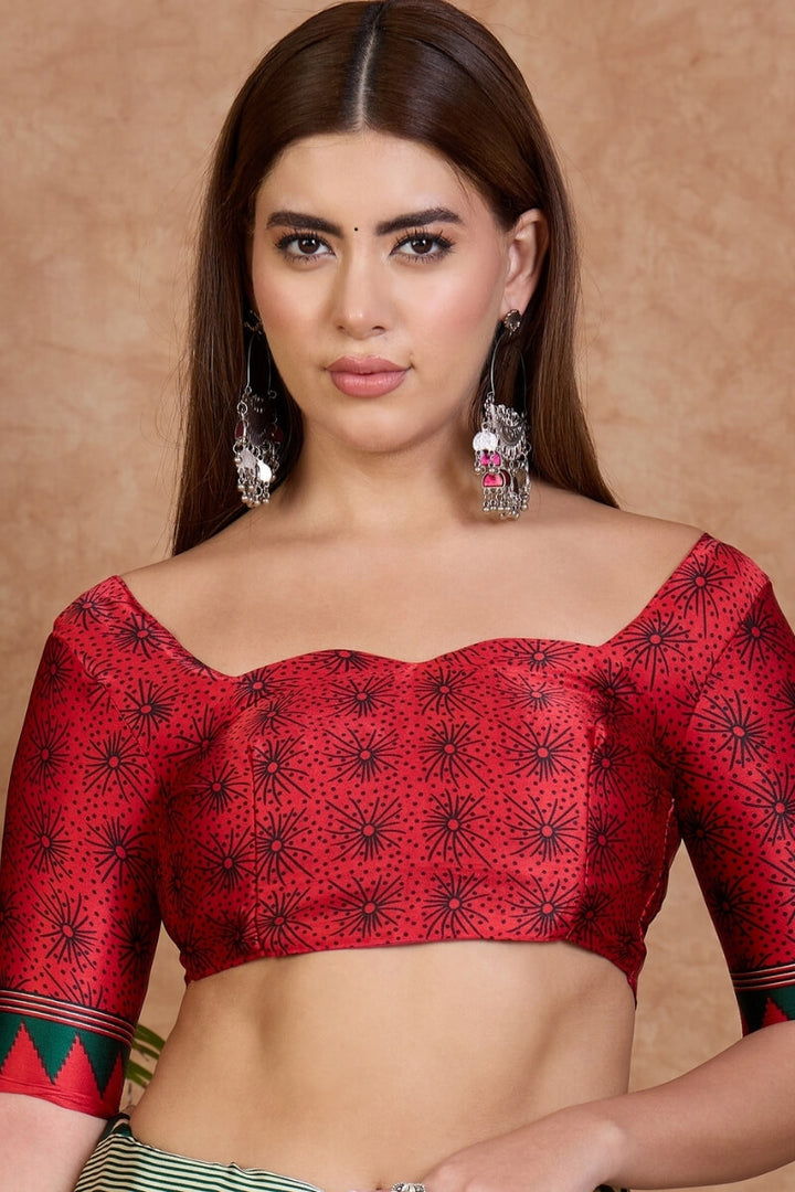 Beige and Green Stripe Ajrakh Printed Satin Silk Saree