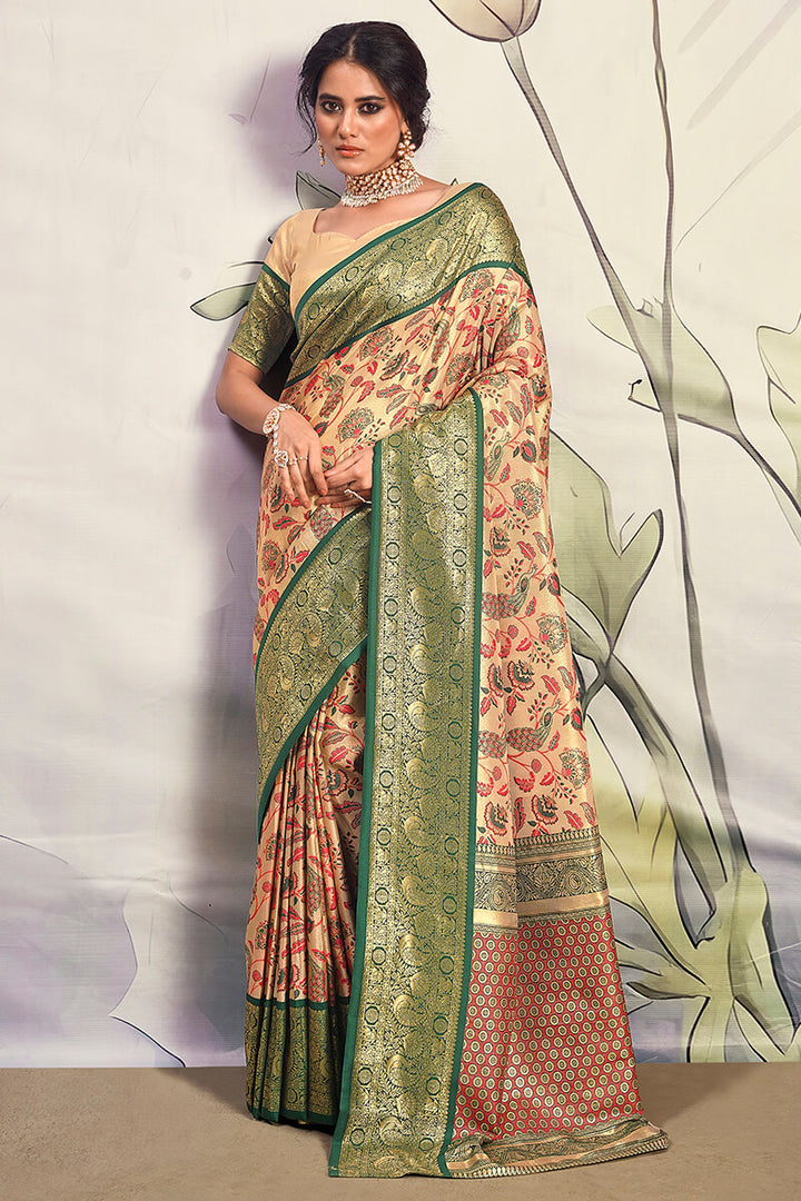Beige and Green Zari Woven Banarasi Silk Saree