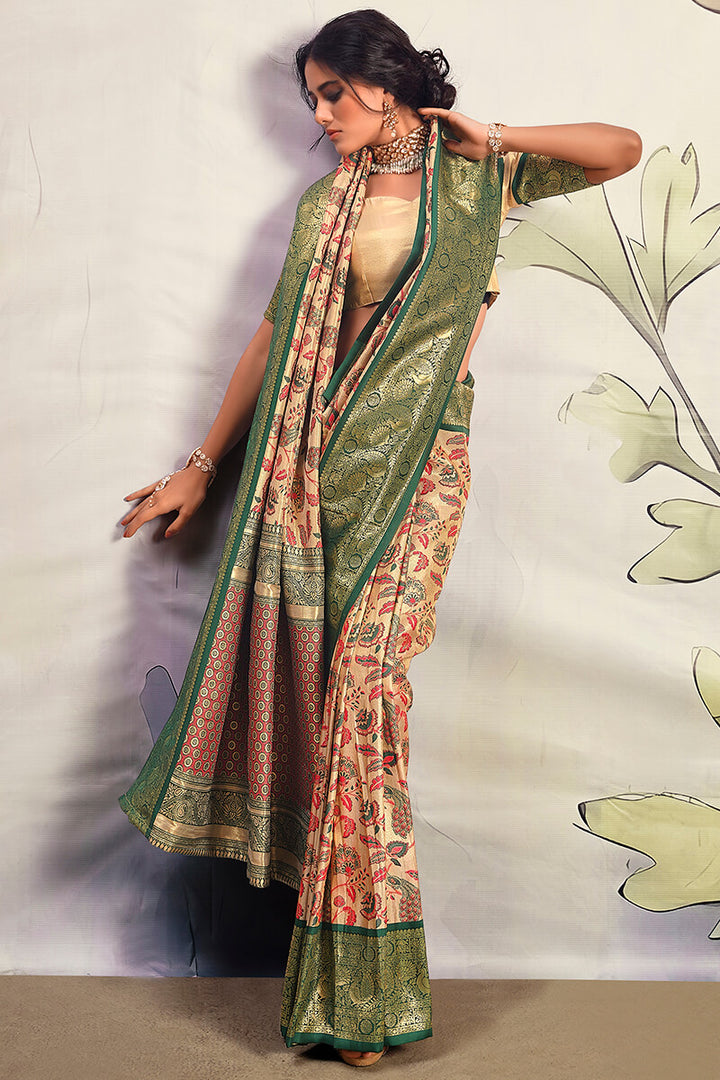 Beige and Green Zari Woven Banarasi Silk Saree