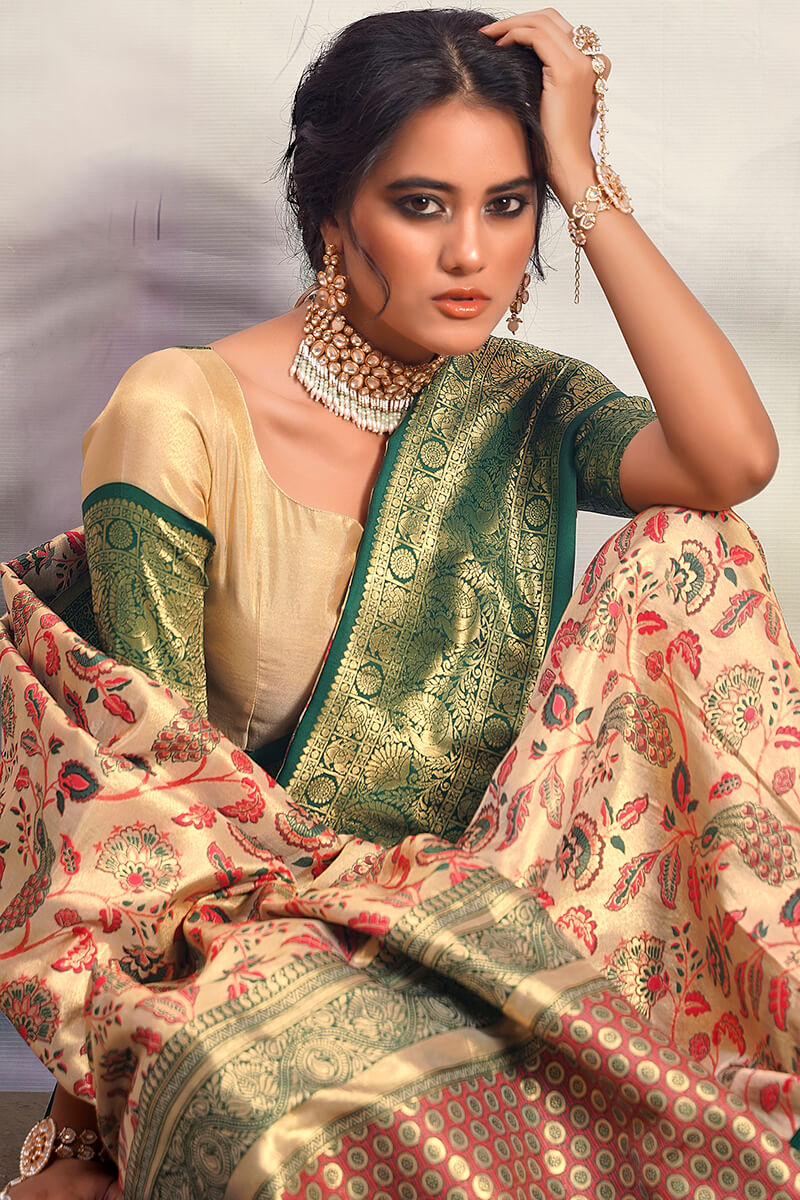 Beige and Green Zari Woven Banarasi Silk Saree