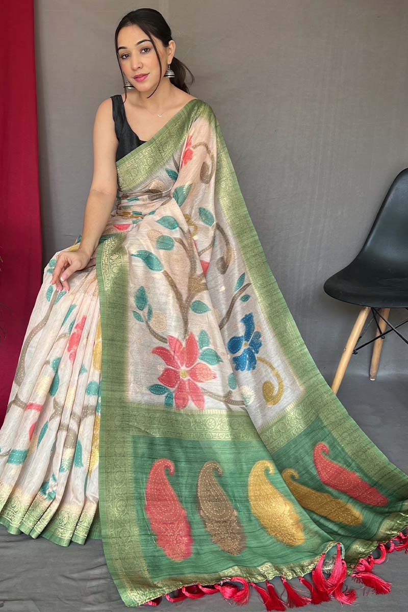 Beige and Green Zari Woven Printed Silk Saree