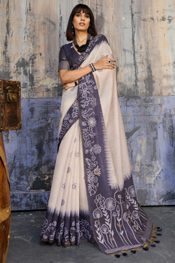 Beige and Grey Handloom Munga cotton Silk Saree