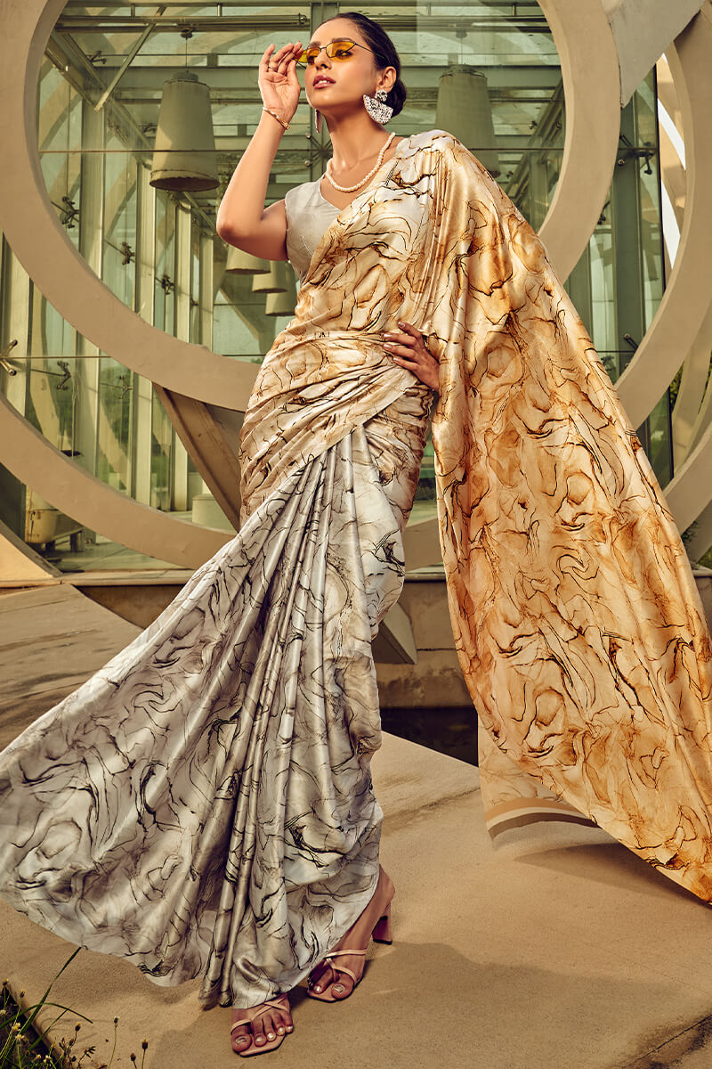 Beige and Grey Printed Satin Silk Saree