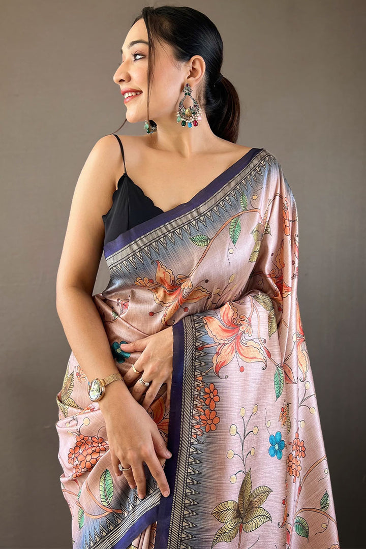 Beige and Grey Printed Soft Silk Saree