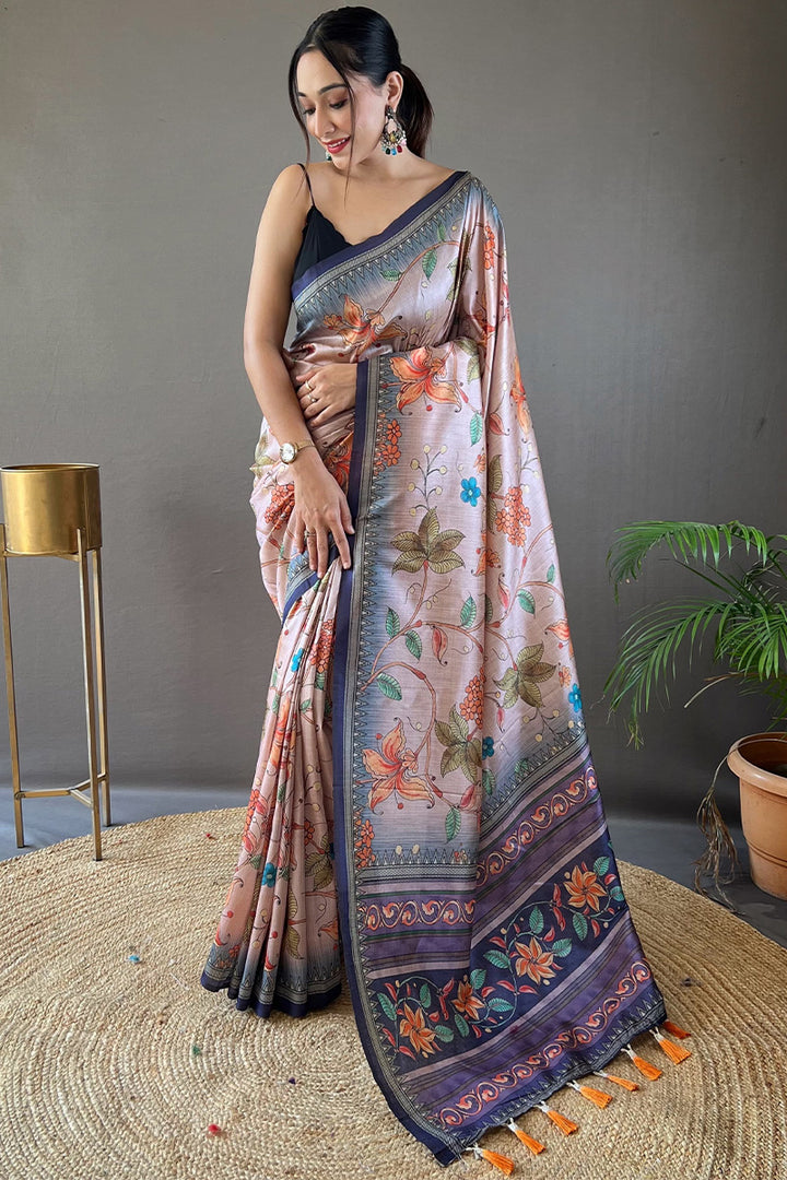 Beige and Grey Printed Soft Silk Saree