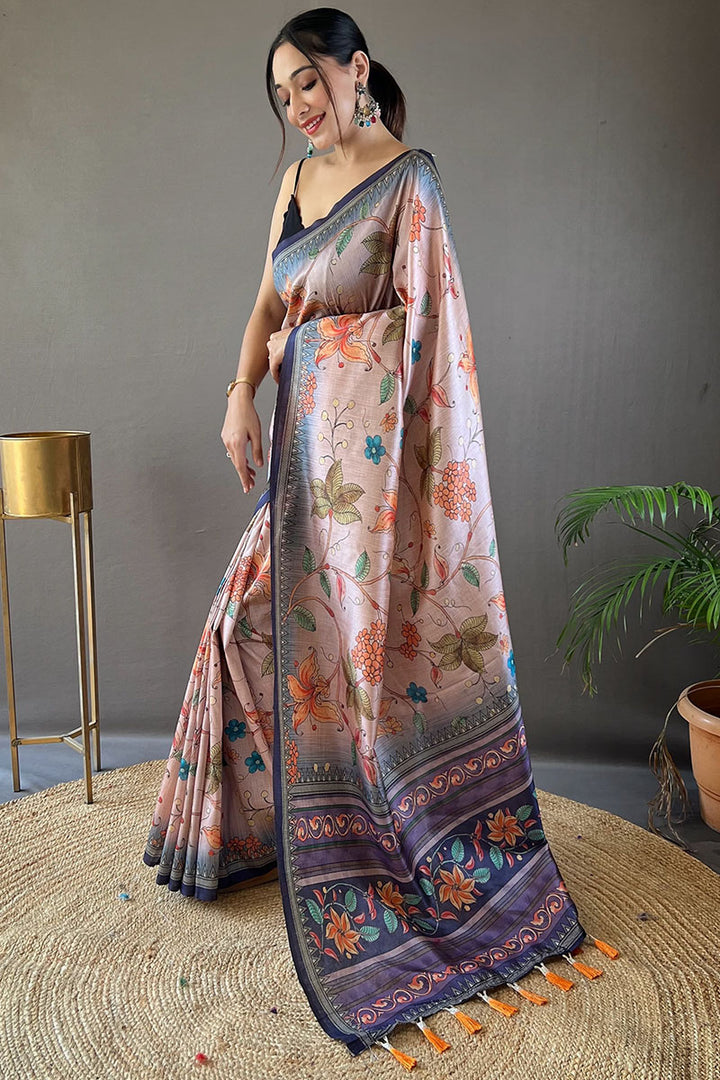 Beige and Grey Printed Soft Silk Saree