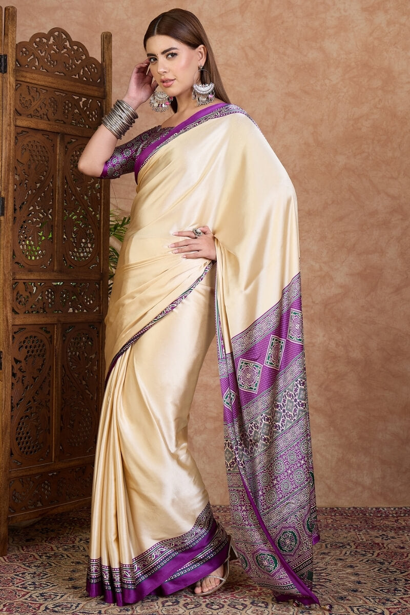 Beige and Lavender Ajrakh Printed Satin Silk Saree