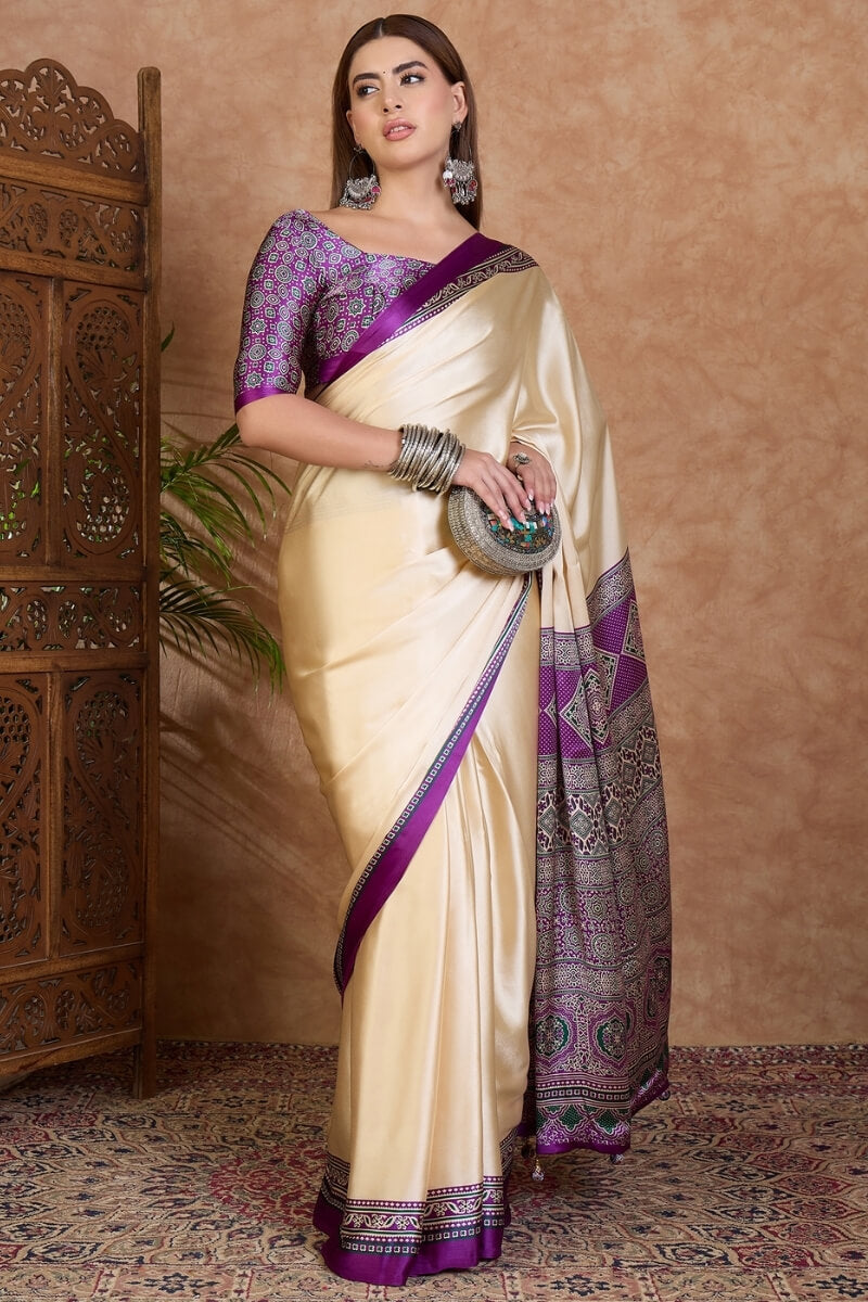 Beige and Lavender Ajrakh Printed Satin Silk Saree