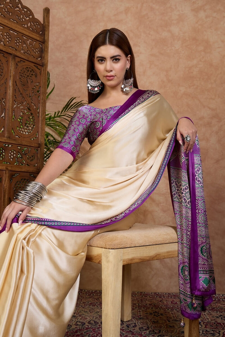 Beige and Lavender Ajrakh Printed Satin Silk Saree