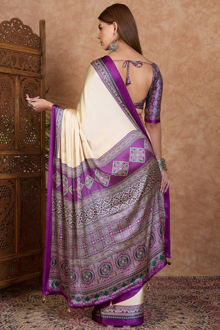 Beige and Lavender Ajrakh Printed Satin Silk Saree