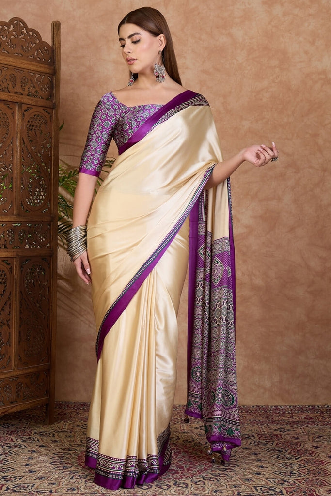 Beige and Lavender Ajrakh Printed Satin Silk Saree