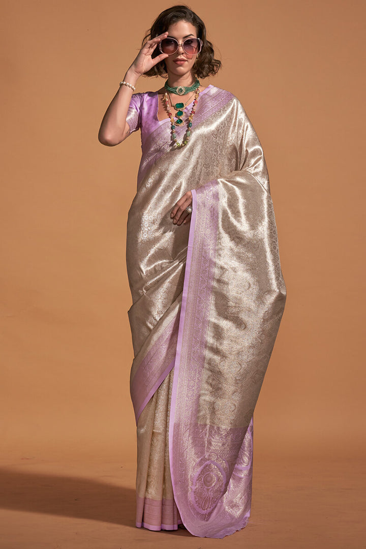 Beige and Lavender Zari Woven Kanjivaram Silk Saree