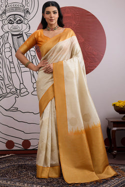 Beige and Mustard Banarasi Paper Silk Saree