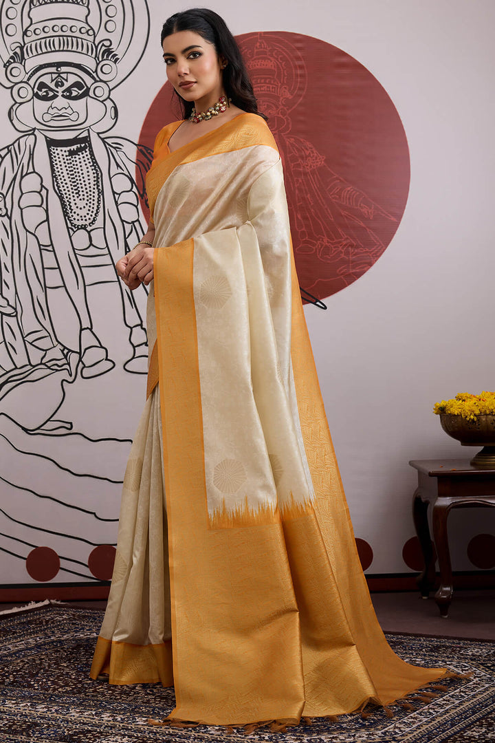 Beige and Mustard Banarasi Paper Silk Saree
