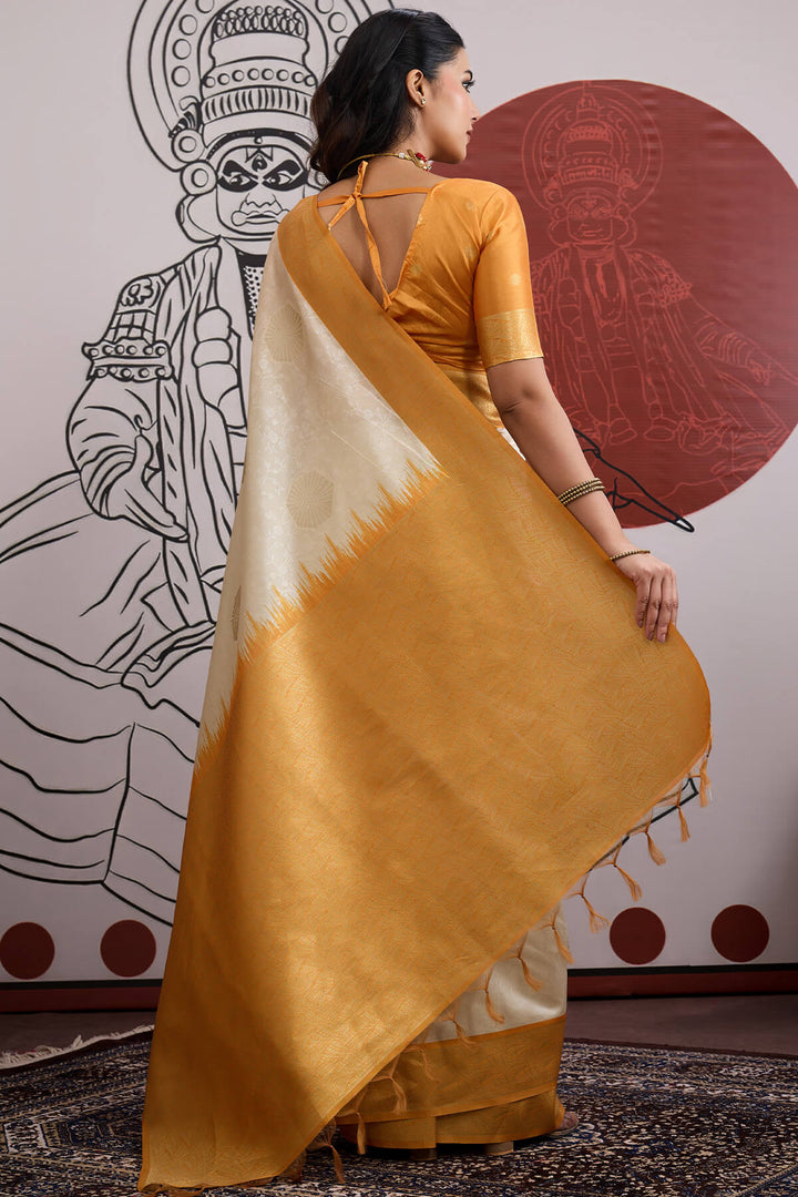 Beige and Mustard Banarasi Paper Silk Saree
