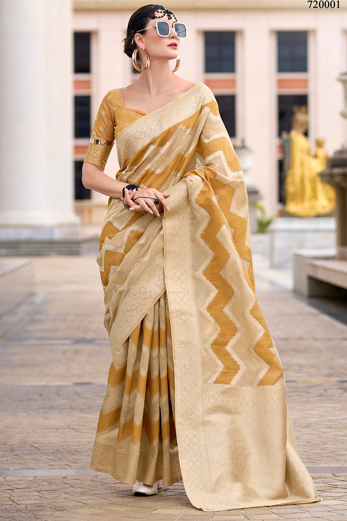 Beige and Mustard Linen Cotton silk Saree