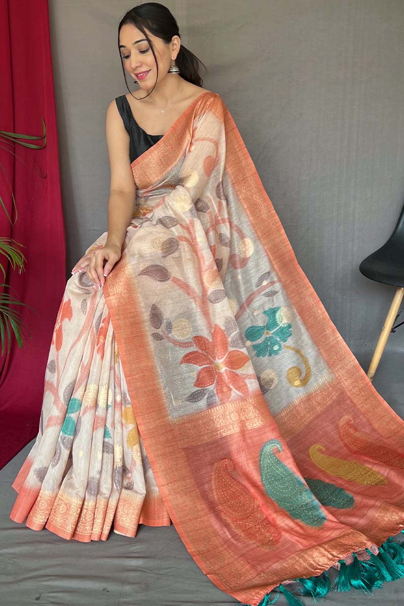 Beige and Peach Zari Woven Printed Silk Saree