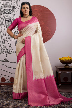 Beige and Pink Banarasi Paper Silk Saree