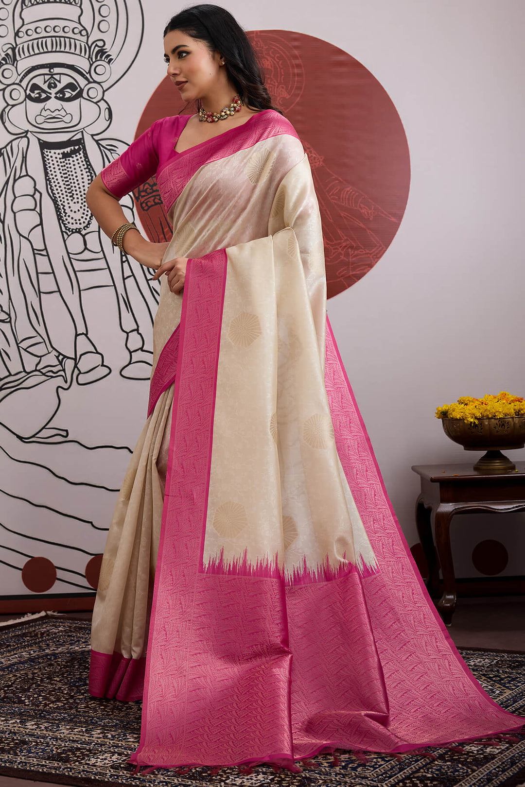 Beige and Pink Banarasi Paper Silk Saree