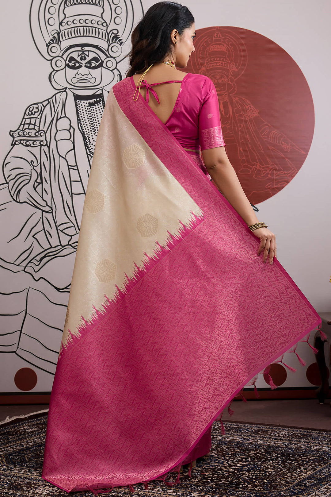 Beige and Pink Banarasi Paper Silk Saree