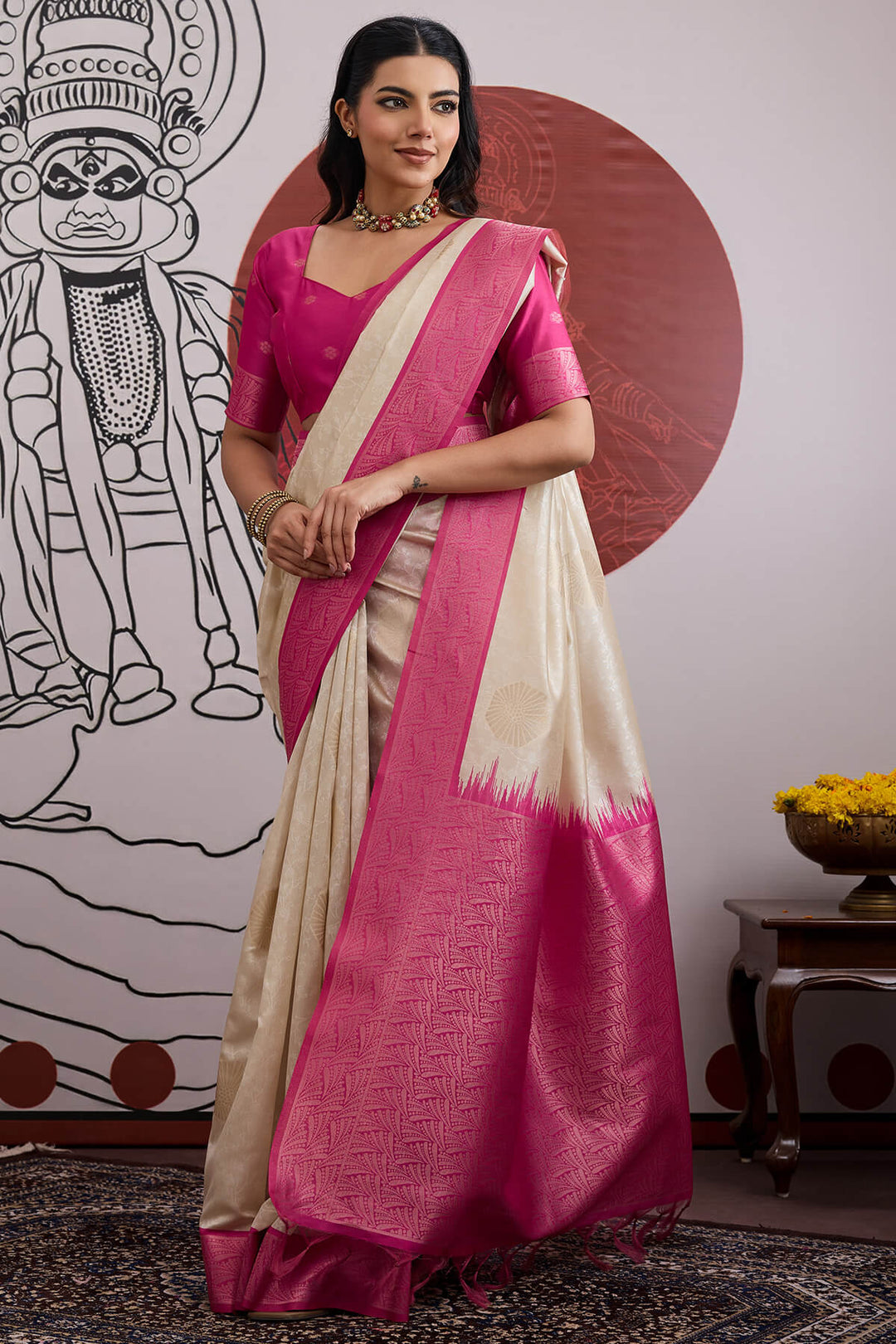 Beige and Pink Banarasi Paper Silk Saree