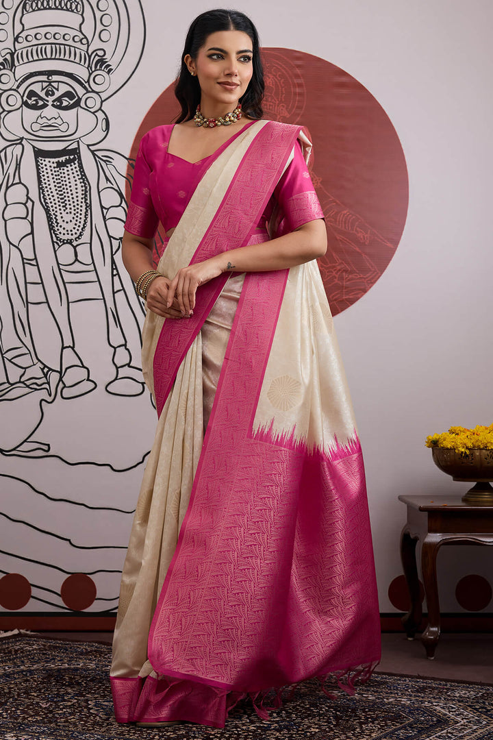 Beige and Pink Banarasi Paper Silk Saree
