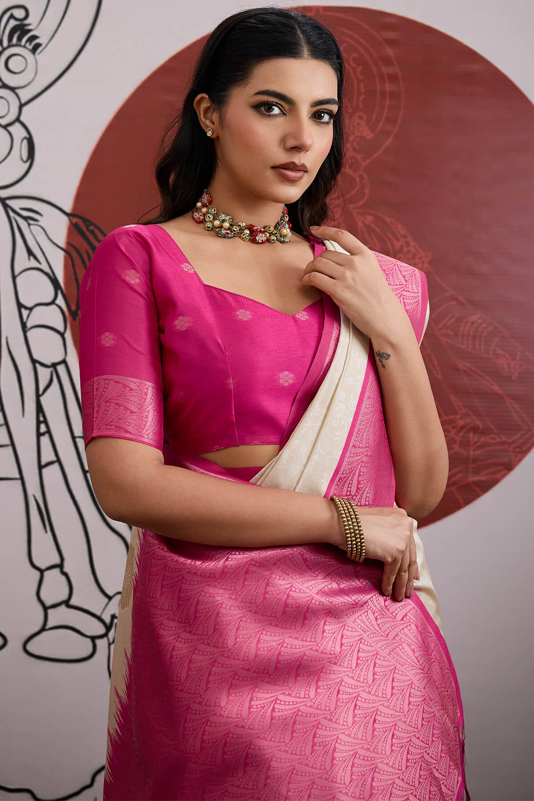 Beige and Pink Banarasi Paper Silk Saree