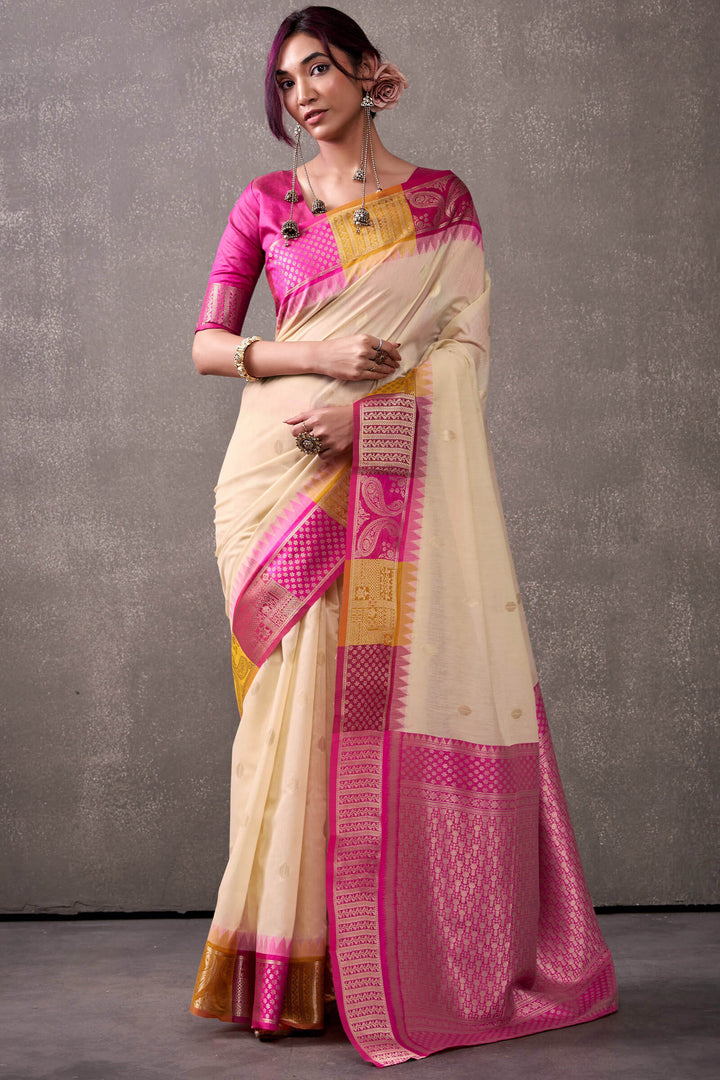 Beige and Pink Cotton Modal Silk Saree