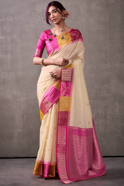 Beige and Pink Cotton Modal Silk Saree