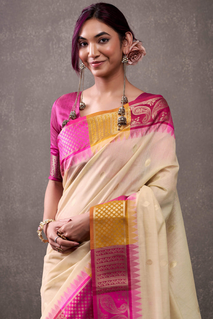 Beige and Pink Cotton Modal Silk Saree