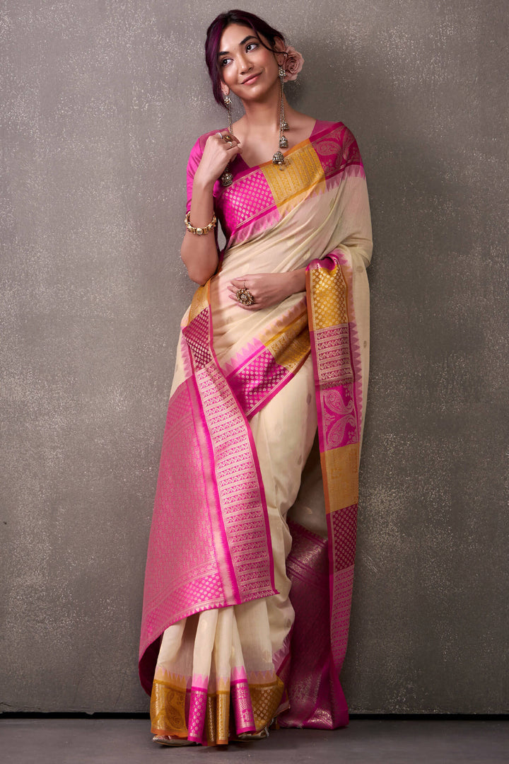 Beige and Pink Cotton Modal Silk Saree