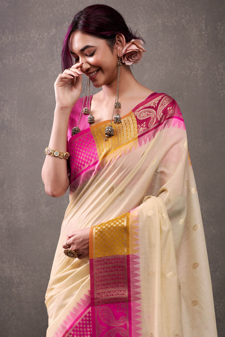 Beige and Pink Cotton Modal Silk Saree