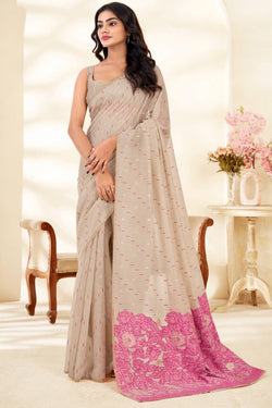 Beige and Pink Cotton Silk Saree