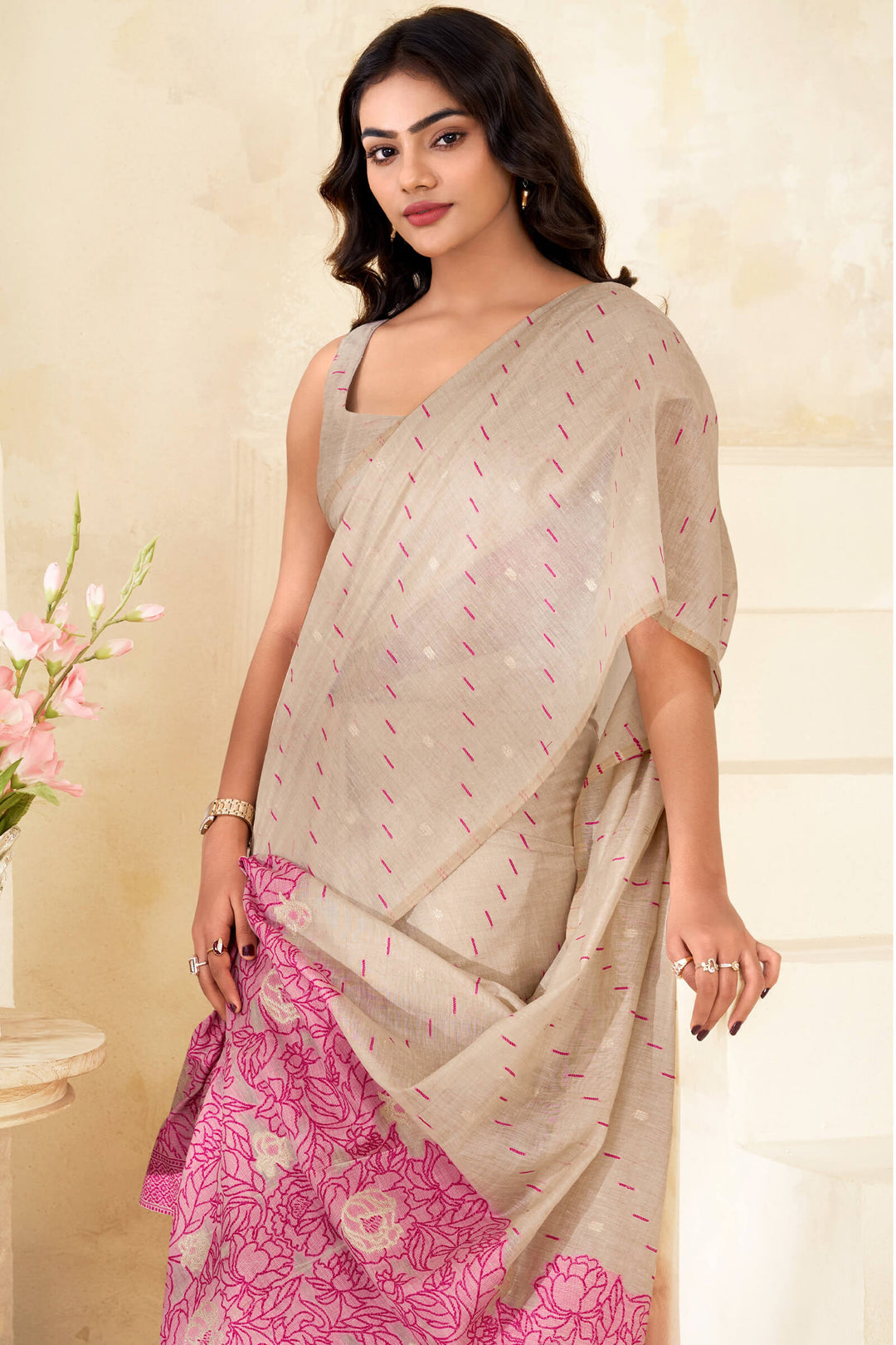 Beige and Pink Cotton Silk Saree