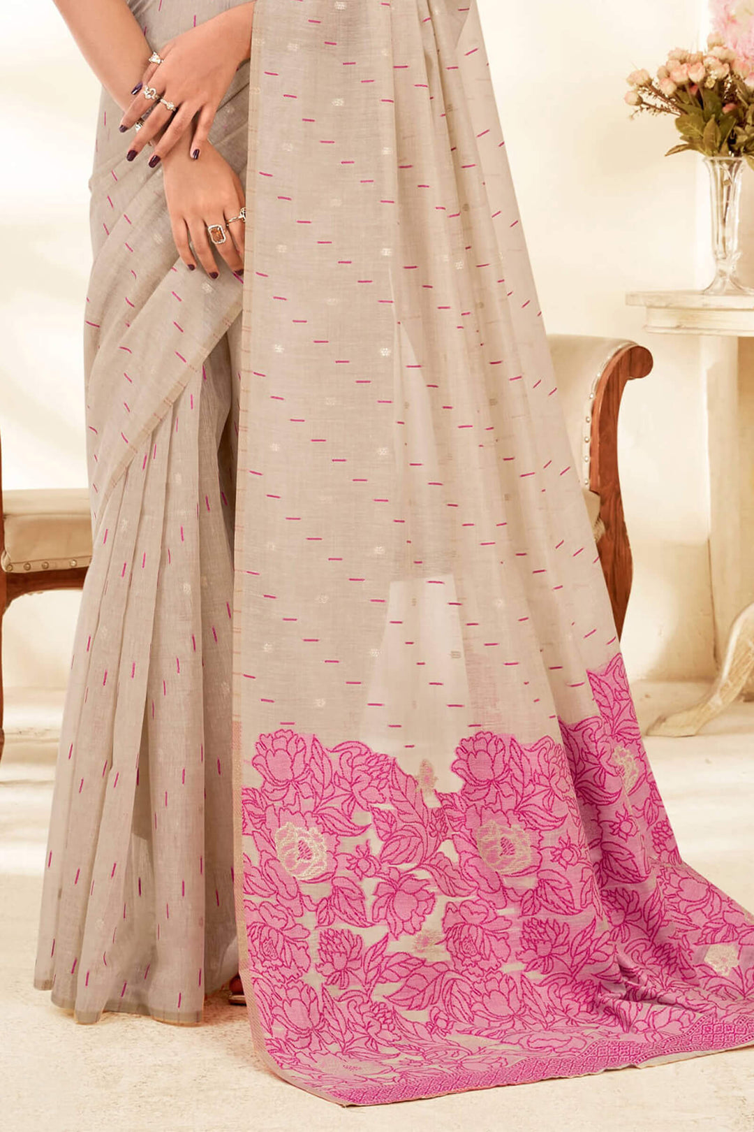 Beige and Pink Cotton Silk Saree