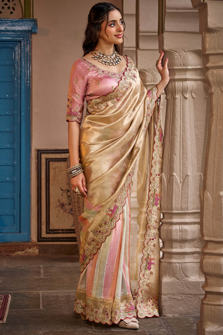 Beige and Pink Hand Work Viscose Saree with Stiched Blouse