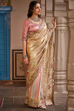 Beige and Pink Hand Work Viscose Saree with Stiched Blouse