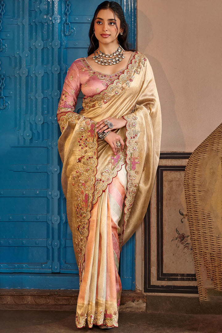 Beige and Pink Hand Work Viscose Saree with Stiched Blouse