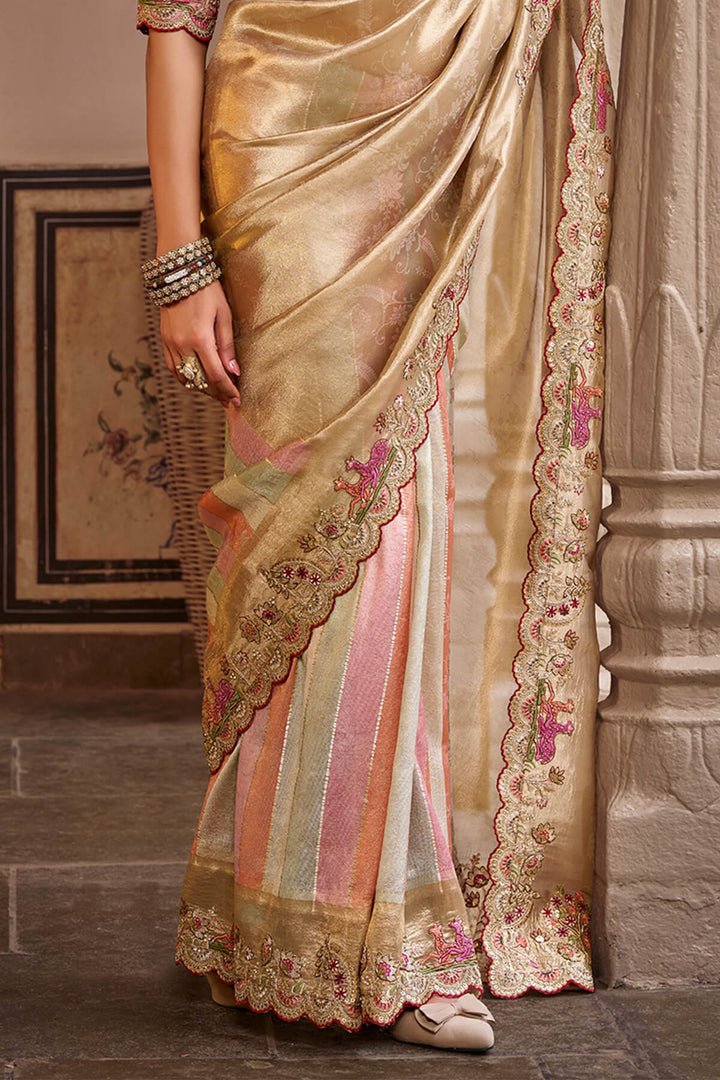Beige and Pink Hand Work Viscose Saree with Stiched Blouse