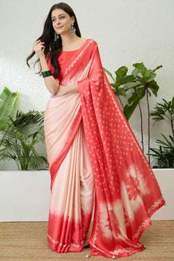 Beige and Pink Printed Satin Silk Saree