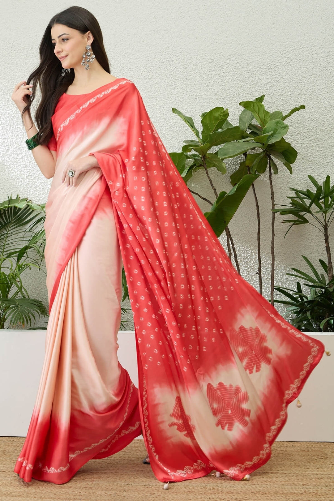 Beige and Pink Printed Satin Silk Saree
