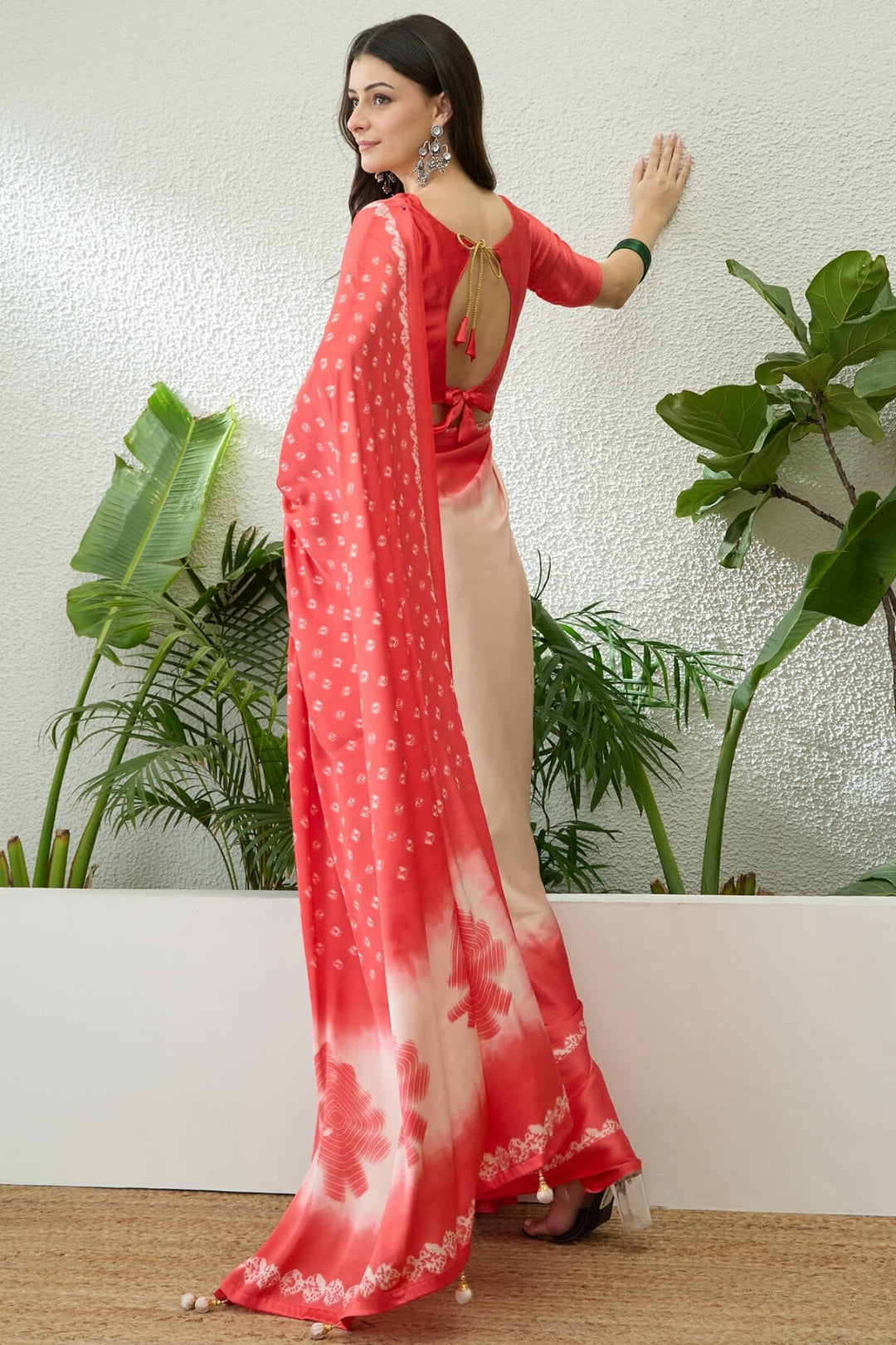 Beige and Pink Printed Satin Silk Saree