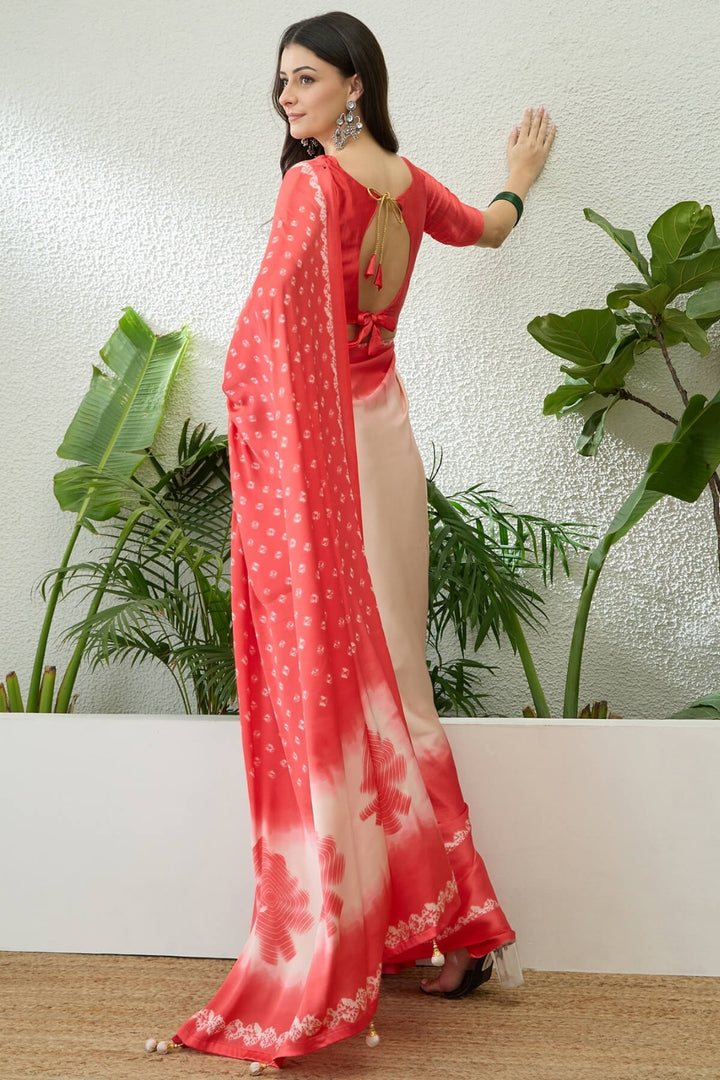 Beige and Pink Printed Satin Silk Saree