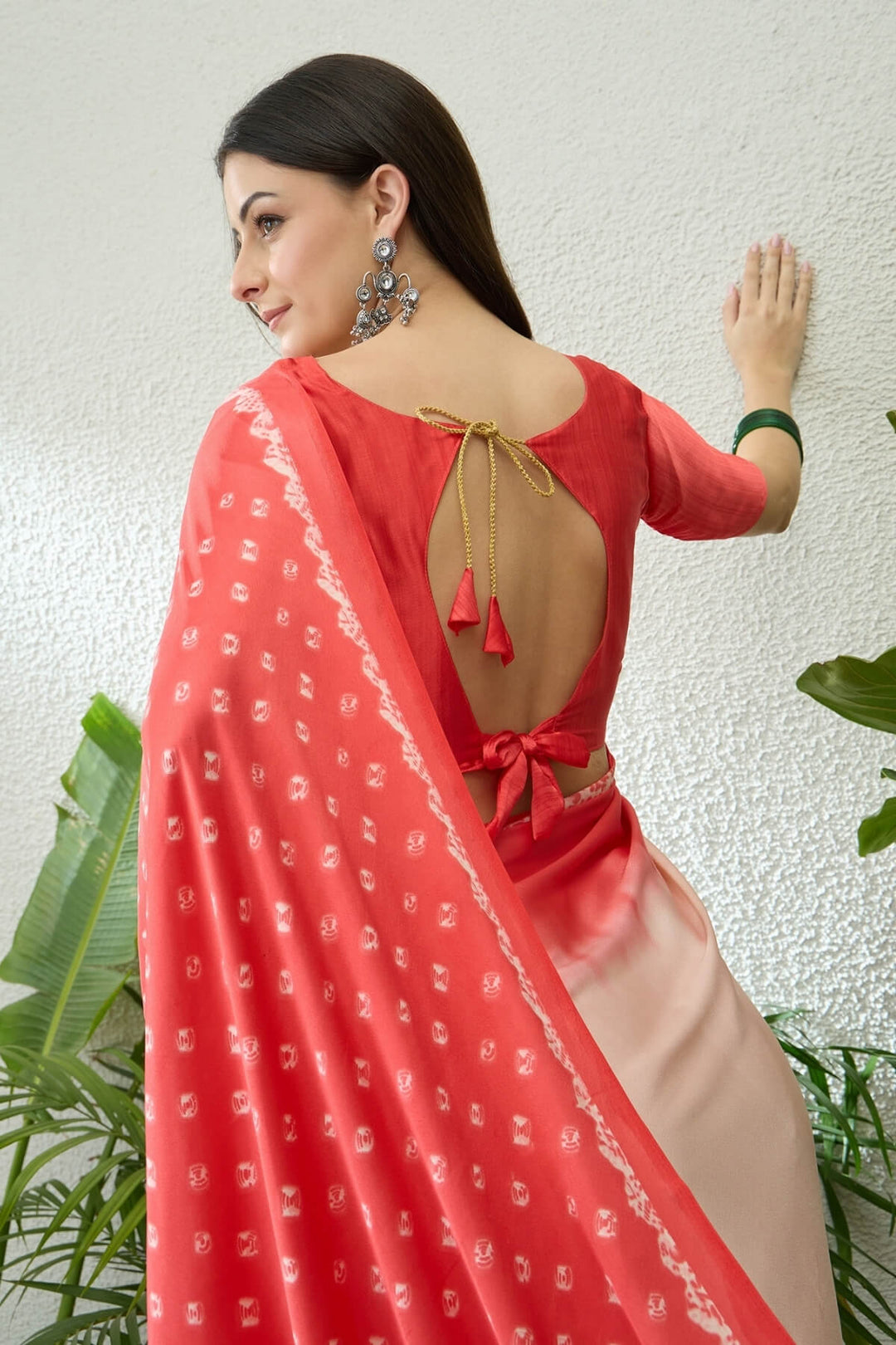 Beige and Pink Printed Satin Silk Saree